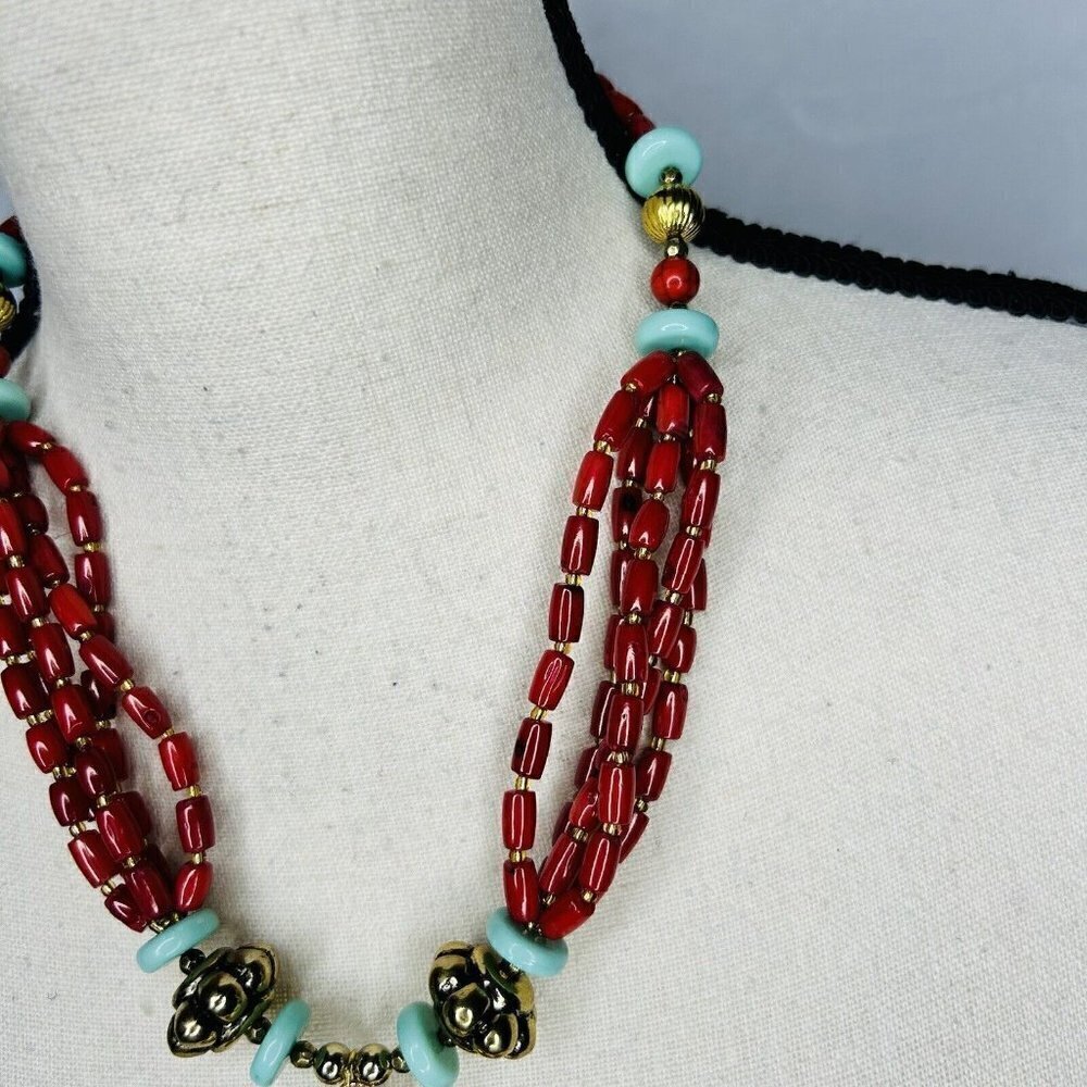 Faux Turquoise & Coral Tribal Tibetan Ethnic Pendant Necklace 19" - Picture 4 of 5